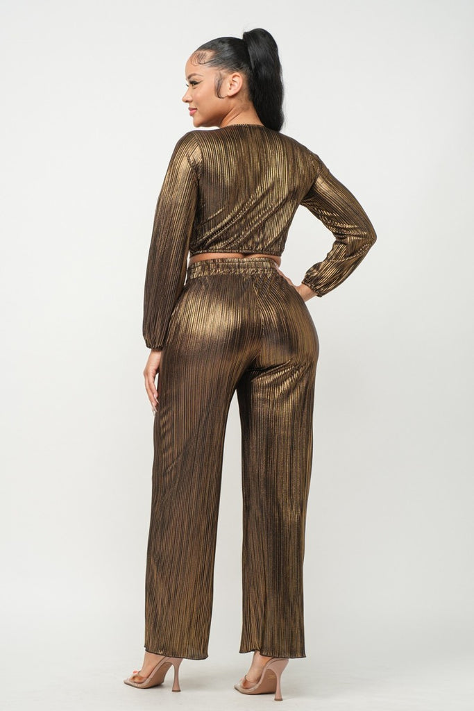 gold Foil Plisse Tunnel Shirring Top And Pants Set