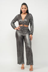 silver Foil Plisse Tunnel Shirring Top And Pants Set