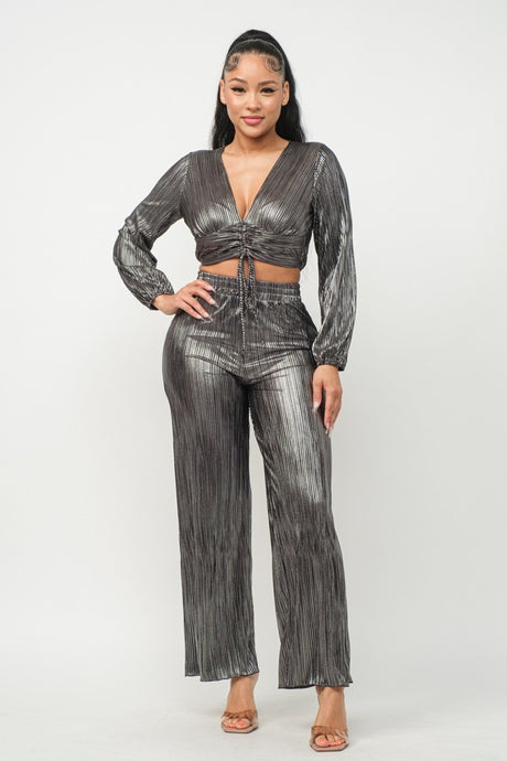 silver Foil Plisse Tunnel Shirring Top And Pants Set