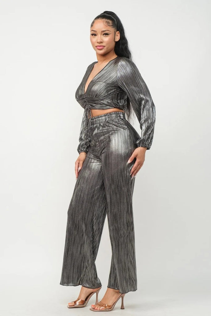 silver Foil Plisse Tunnel Shirring Top And Pants Set