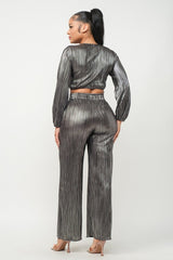 silver Foil Plisse Tunnel Shirring Top And Pants Set