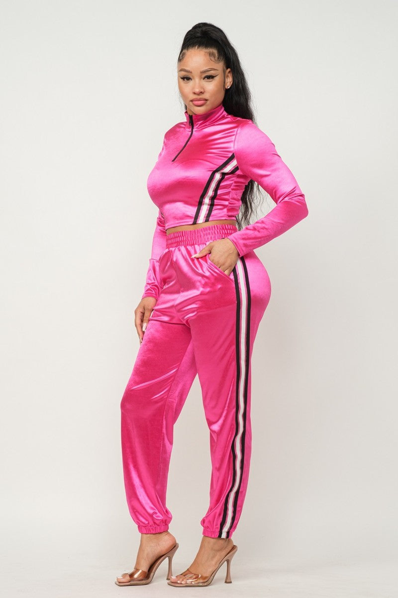 pink Cropped Jacket & Jogger Pants Set