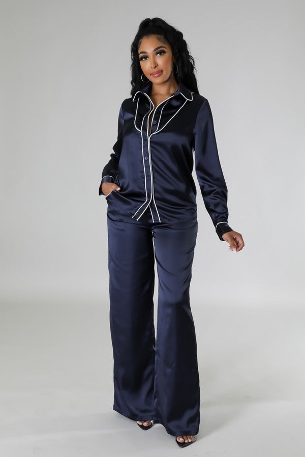 navy blue tunic top and matching wide leg pant set