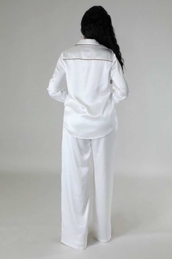 ivory tunic top and matching wide leg pant set