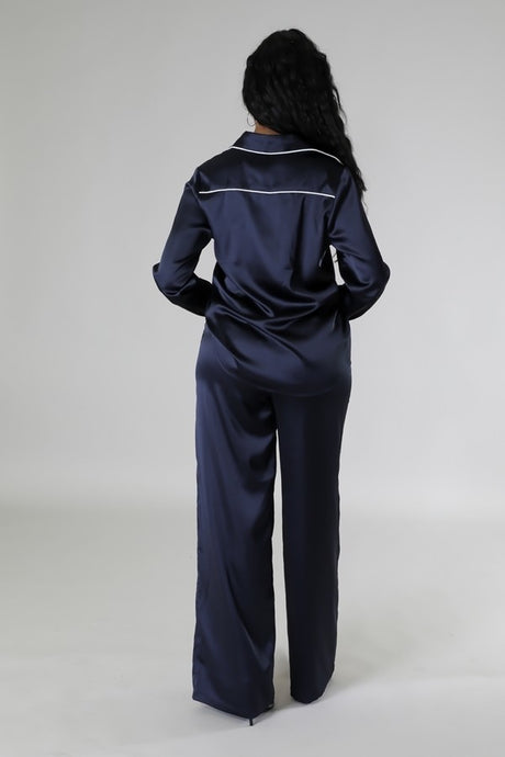 navy blue tunic top and matching wide leg pant set