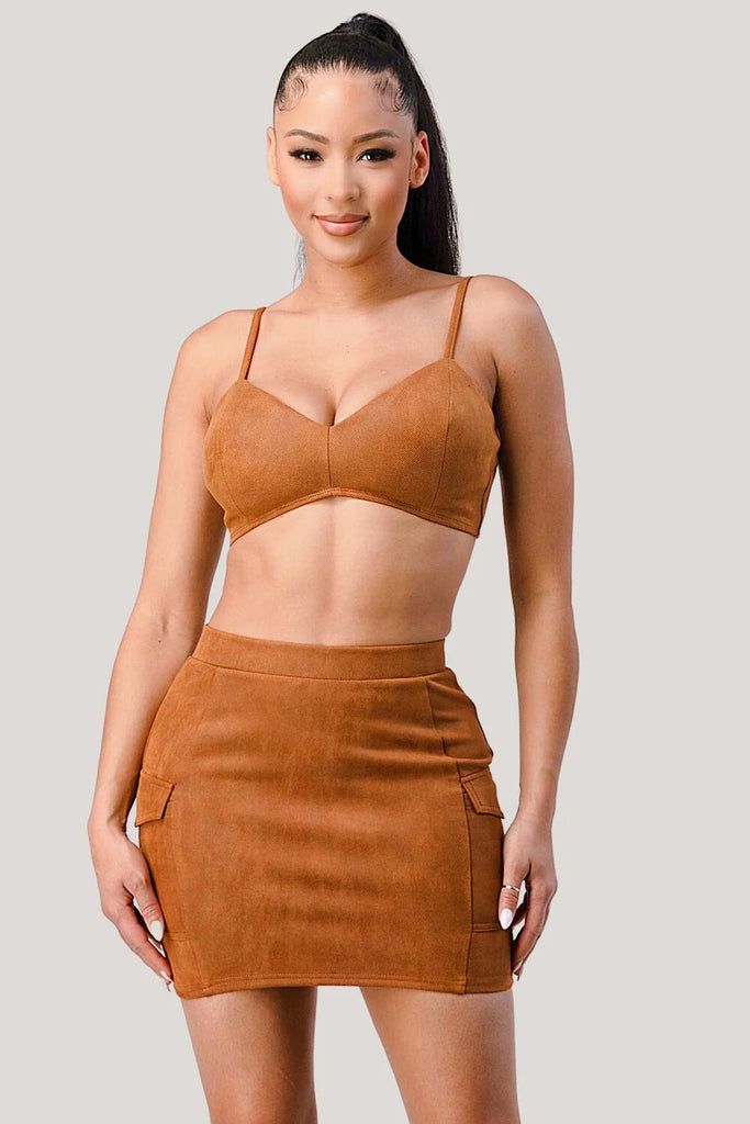 camel color diagonal bralette with cropped blazer and mini skirt set