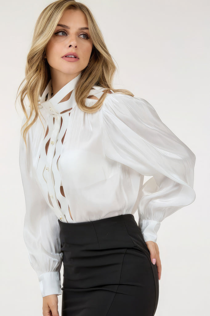 model wearing Pearl Lace Trim Butt Down Blouse with a black skirt
