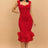 Model wearing red Organza Ruffle midi Dress