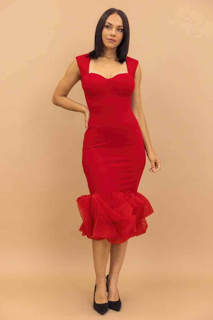 Model wearing red Organza Ruffle midi Dress