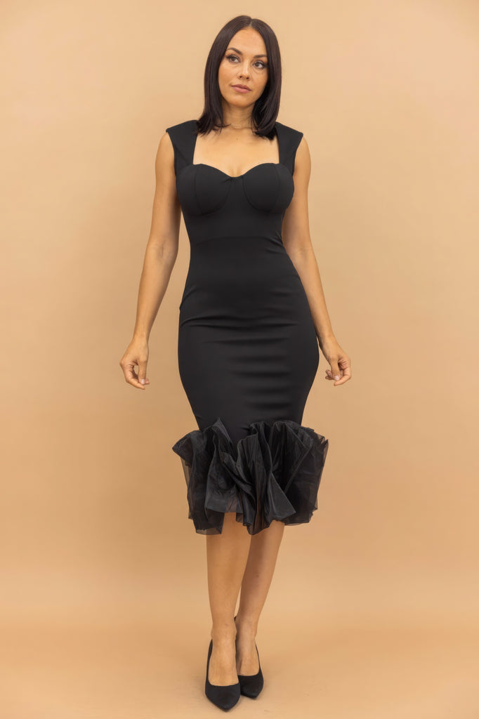 model wearing Black Organza Ruffle midi Dress
