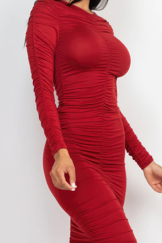 close up of model wearing burgundy Long Sleeve Ruched Midi Dress