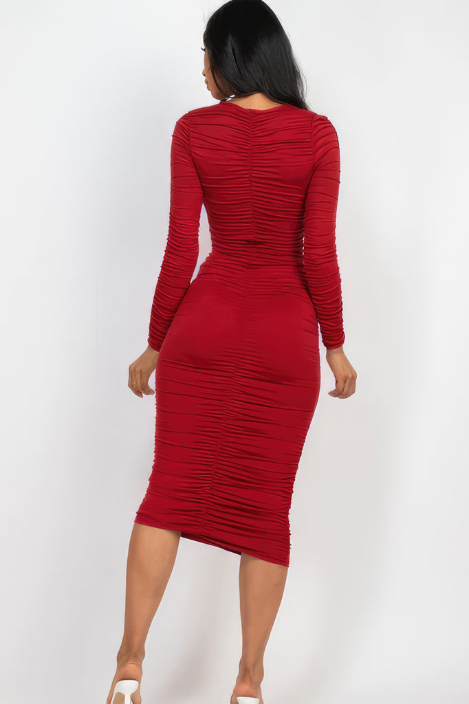 back view of model wearing burgundy Long Sleeve Ruched Midi Dress