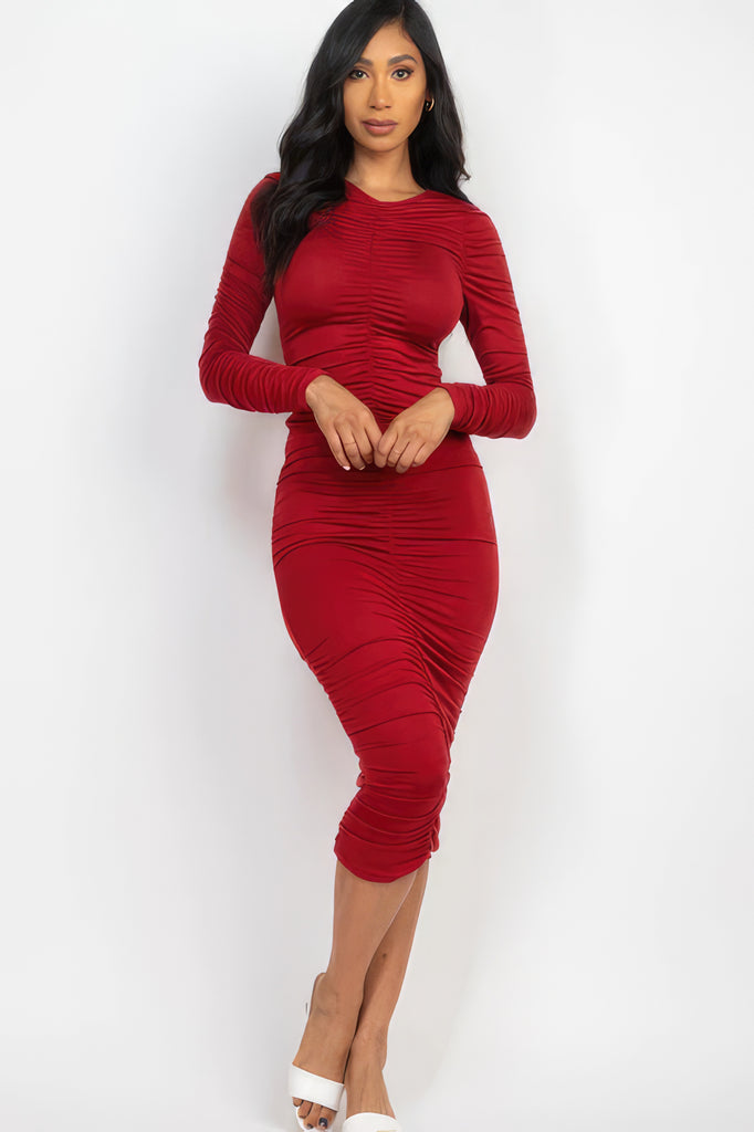 model wearing burgundy Long Sleeve Ruched Midi Dress front view