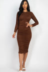 front view model wearing brown Long Sleeve Ruched Midi Dress