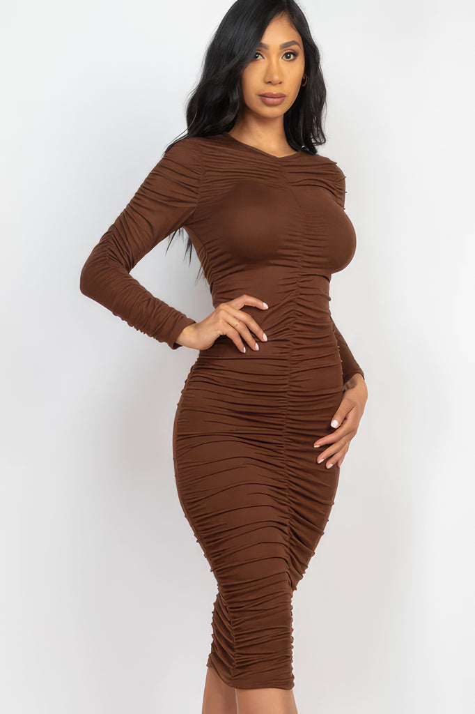 side view of model wearing brown Long Sleeve Ruched Midi Dress