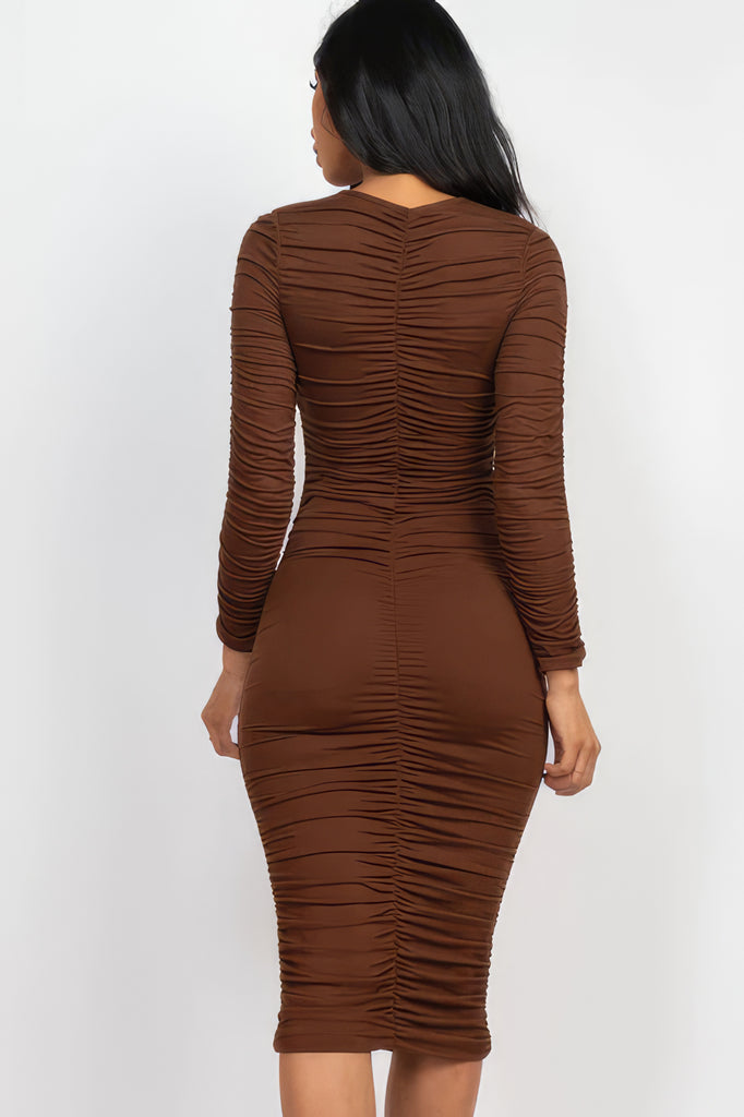 back view of model wearing brown Long Sleeve Ruched Midi Dress