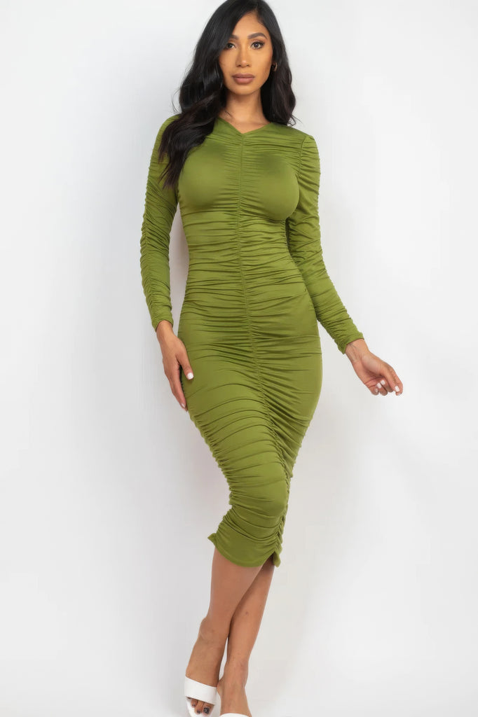 model wearing olive Long Sleeve Ruched Midi Dress