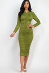 front view of model wearing olive Long Sleeve Ruched Midi Dress