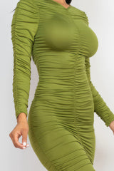 close up of model wearing olive Long Sleeve Ruched Midi Dress