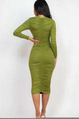 back view of model wearing olive Long Sleeve Ruched Midi Dress