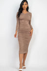 model wearing taupe Long Sleeve Ruched Midi Dress