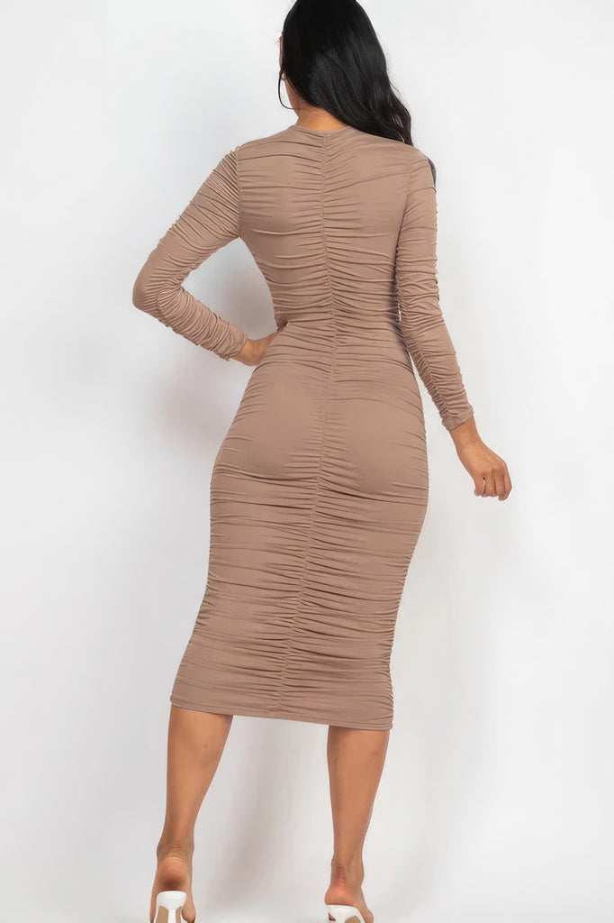 back view of model wearing taupe Long Sleeve Ruched Midi Dress