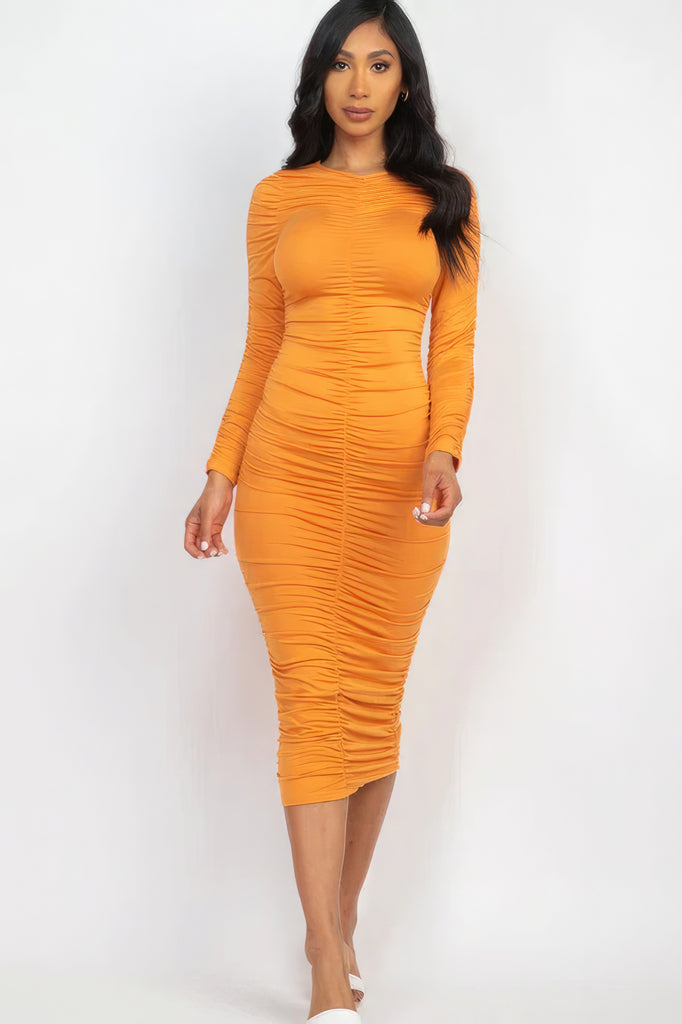 model wearing yellow orange Long Sleeve Ruched Midi Dress front view