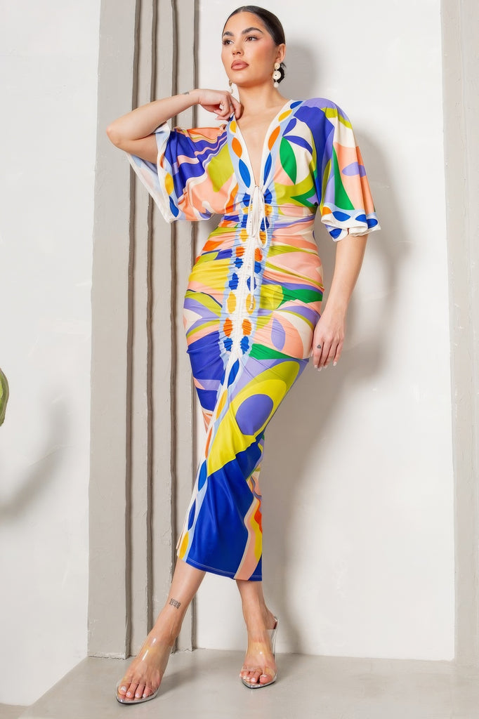 Multicolor Front Ruched V-Neck Midi Dress