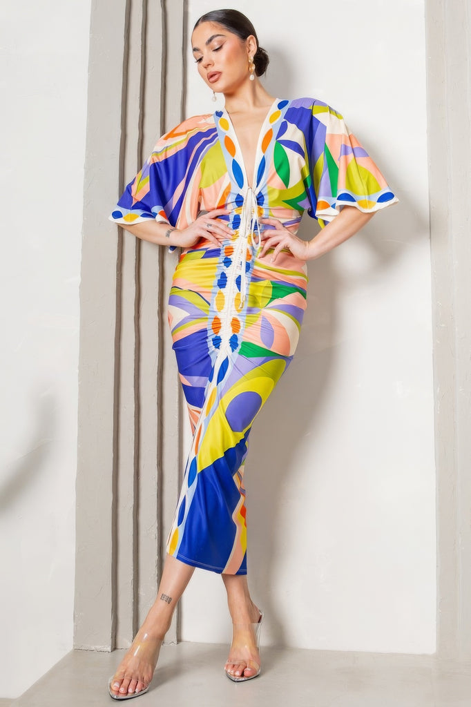 Multicolor Front Ruched V-Neck Midi Dress