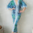blue Front Ruched V-Neck Midi Dres