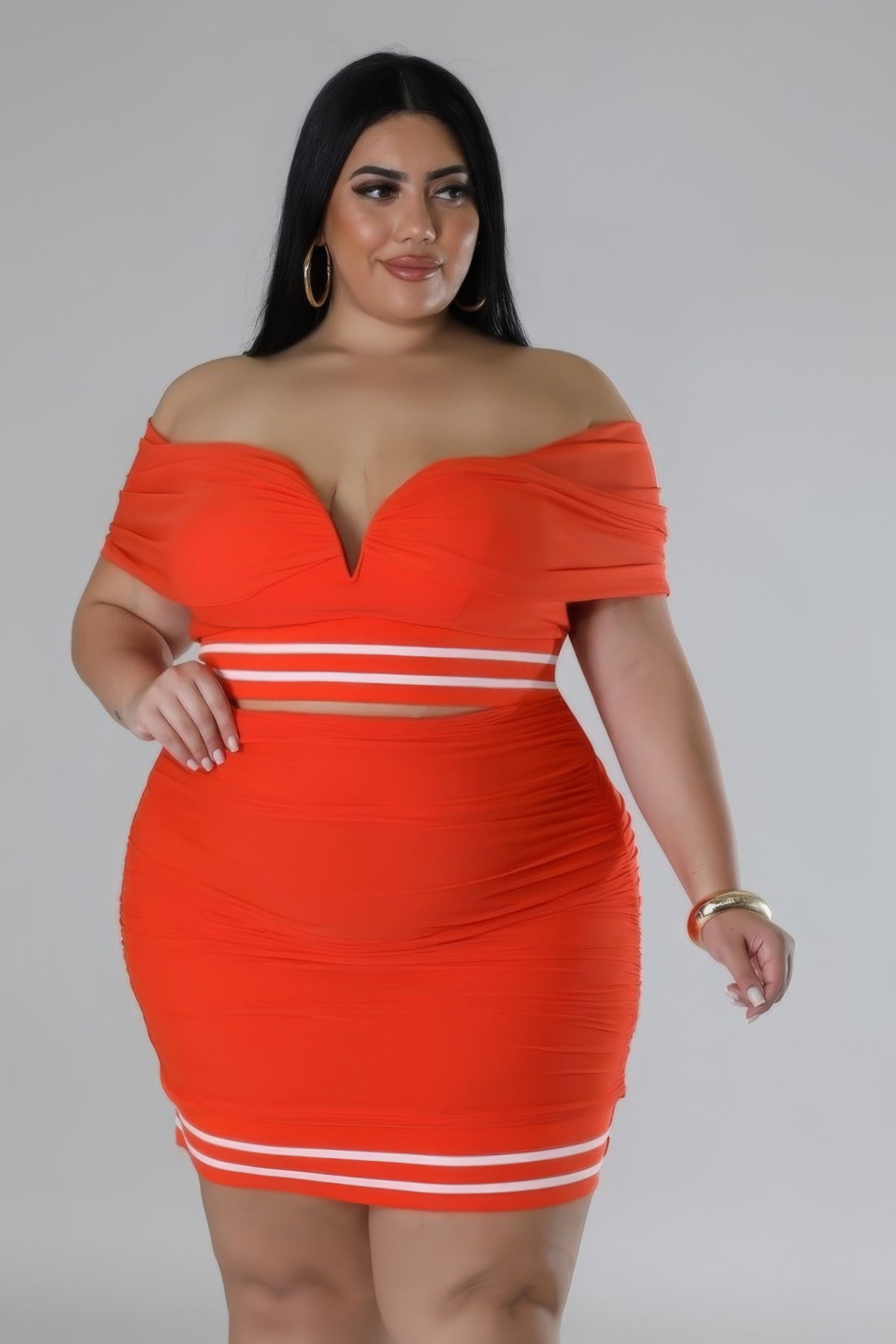 orange Plus Size Sweetheart Skirt Set on 2X model