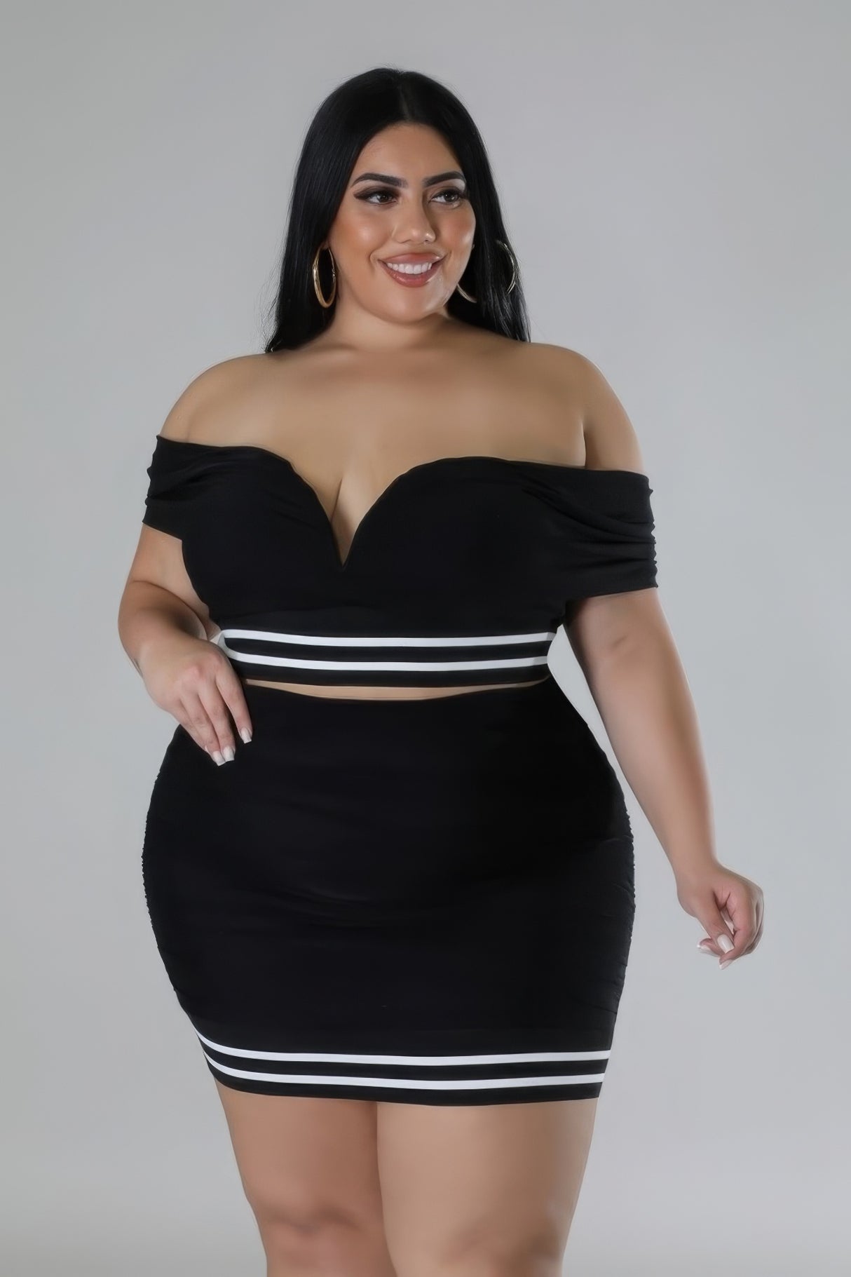 plus size model wearing Black Plus Size Sweetheart Skirt Set