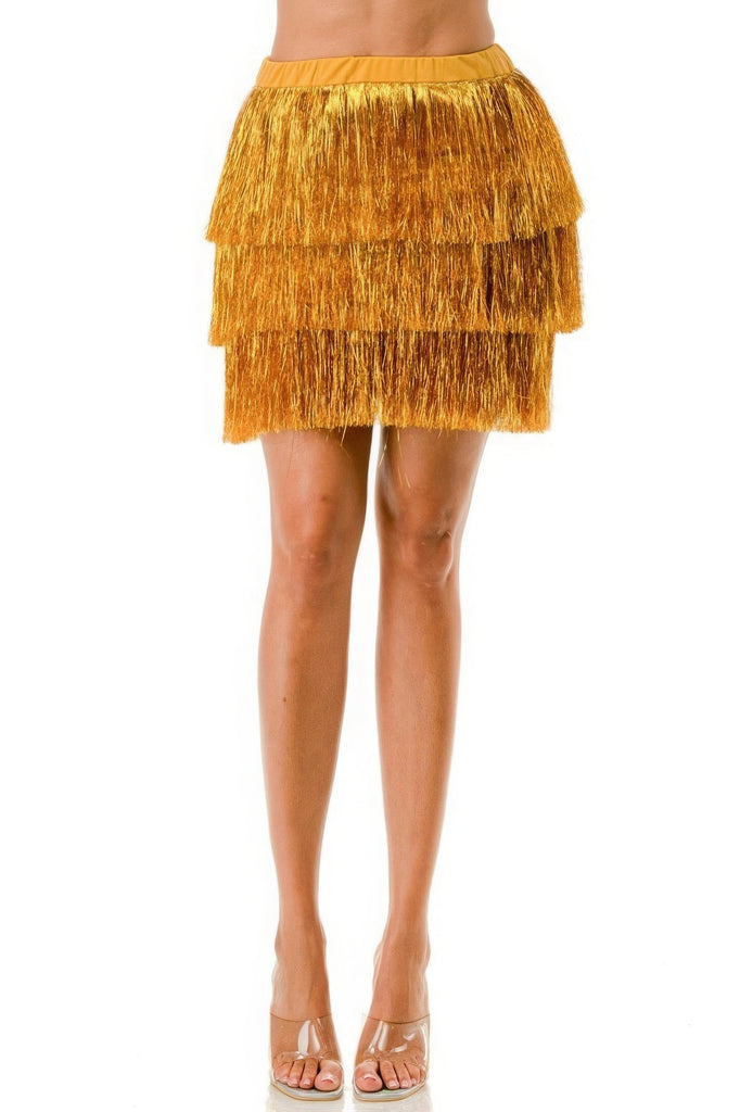 gold tiered metallic fringe skirt