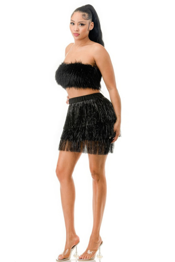 Black tiered metallic fringe skirt