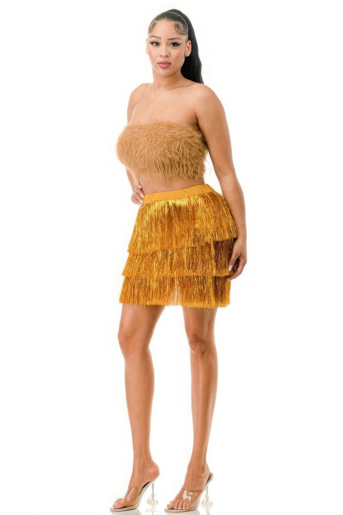 gold tiered metallic fringe skirt