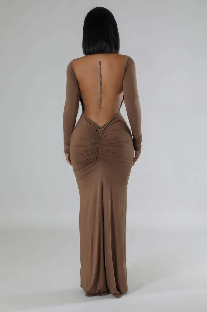 Back view of model wearing Brown Long Sleeves Open Back Midi Dress