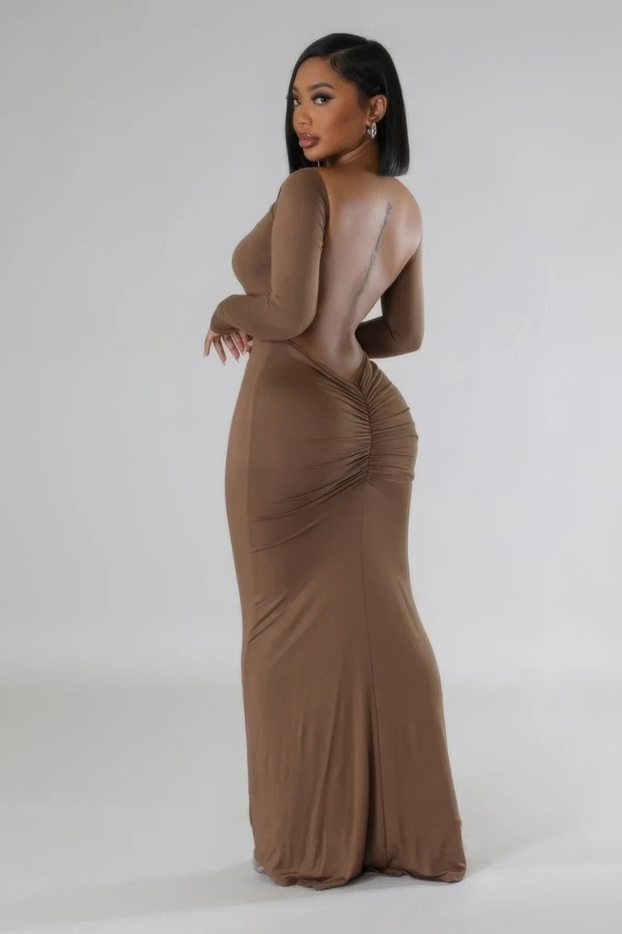 Side/Back view of model wearing Brown Long Sleeves Open Back Midi Dress