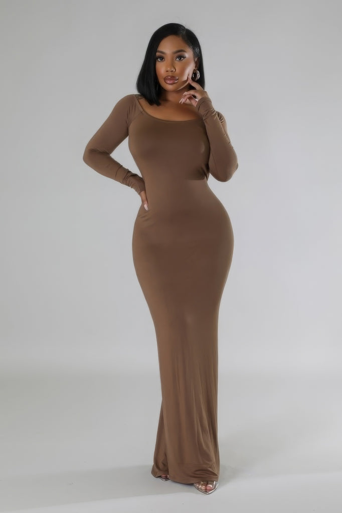 front view of model wearing Brown Long Sleeves Open Back Midi Dress