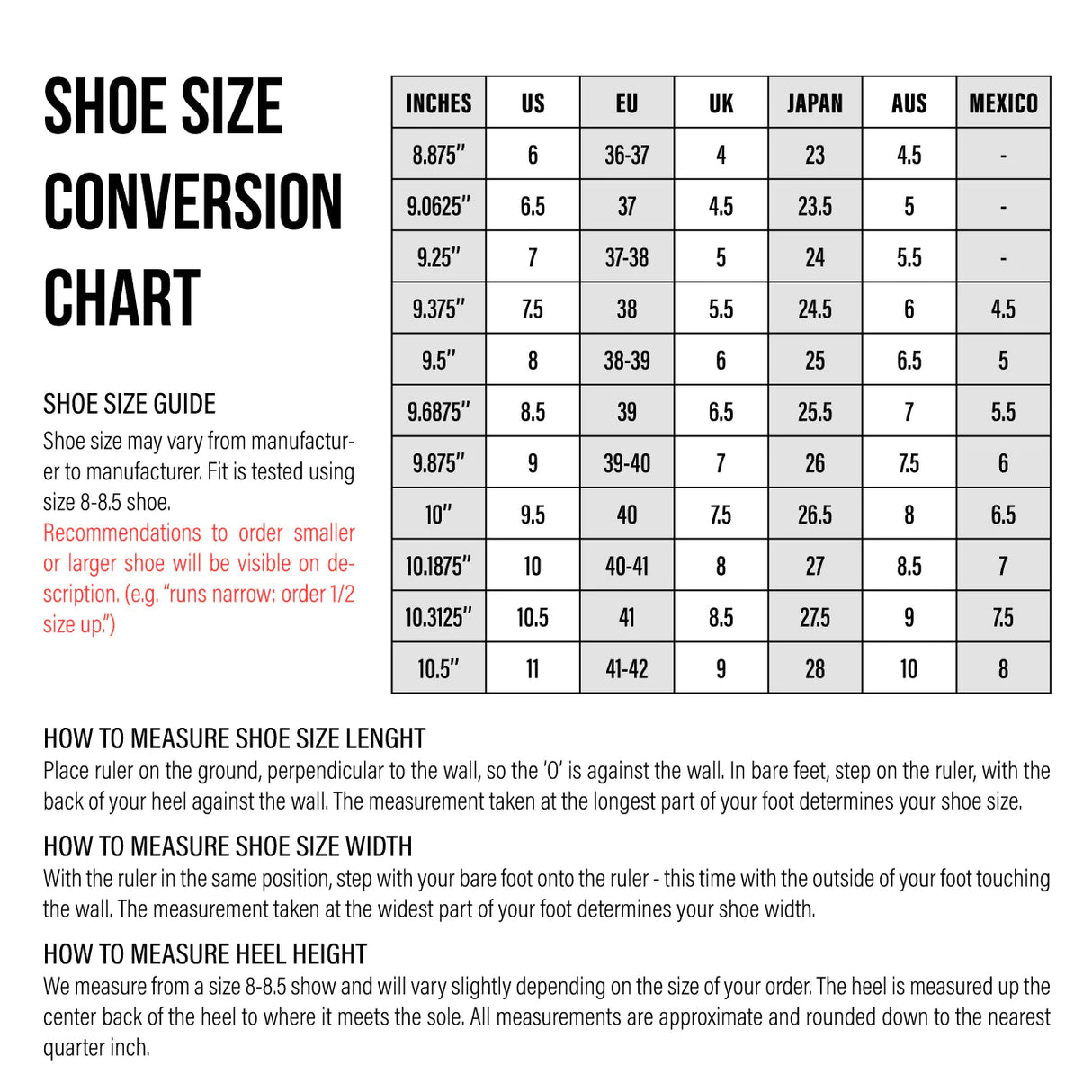 Cape Robbin size chart