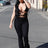 Black Knit Ribbed Front Cut-Out Lace Up Detail Sleeveless Flare Leg Jumpsuit