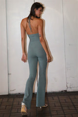 Sage Knit Ribbed Front Cut-Out Lace Up Detail Sleeveless Flare Leg Jumpsuit