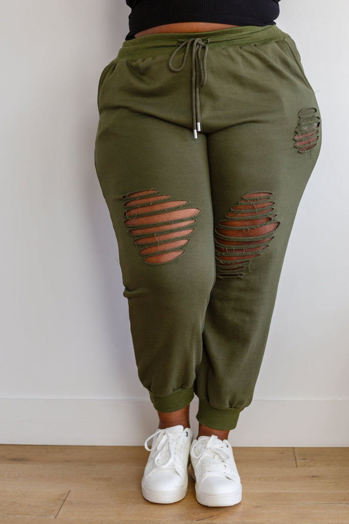 Lightweight Distressed Joggers in Olive