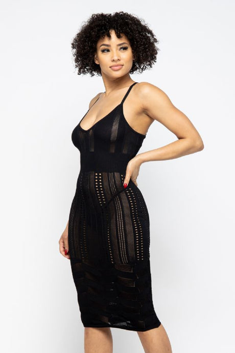 sexy pointelle knit knee length Black cami dress