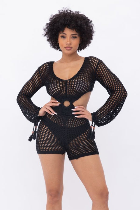 Black acrylic see through crochet sexy short romper