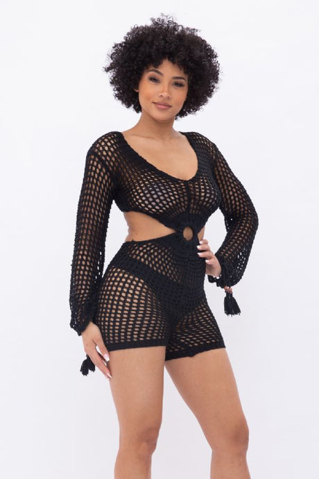 Black acrylic see through crochet sexy short romper