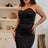 Black Satin Effect Chain Strap Side Ruched Detail Bustier Midi Dress