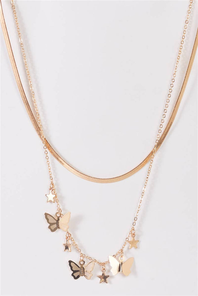 Gold Flat Snake & Link Chain With 3D Butterflies & Stars