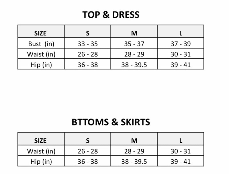 capsulle apparel size chart
