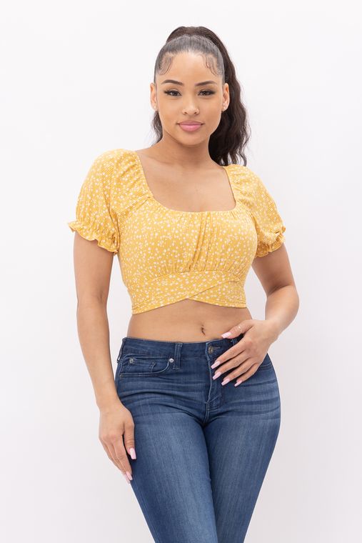 Floral Print Back Tie Puff Short Sleeve Crop Top 