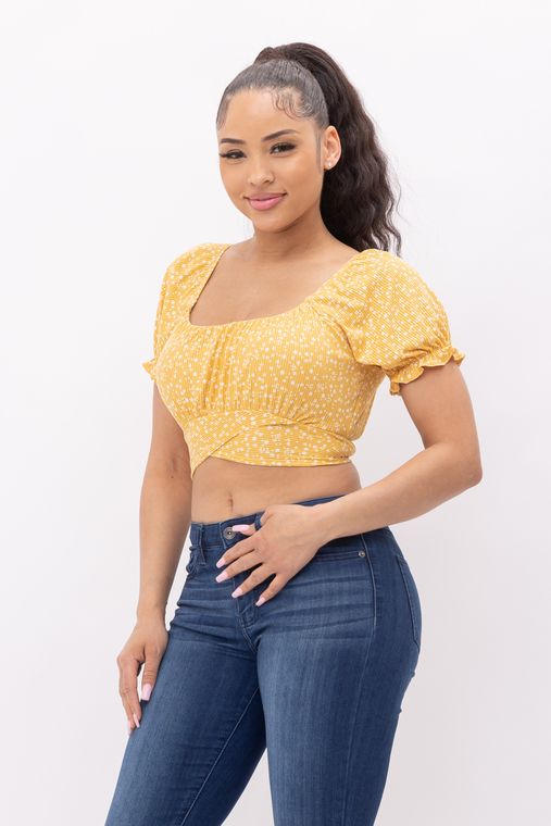 Floral Print Back Tie Puff Short Sleeve Crop Top 